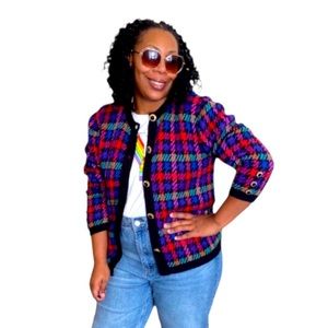 Laura by Alyzia Cardigan Sweater Vintage Houndstooth Plaid Button Front
